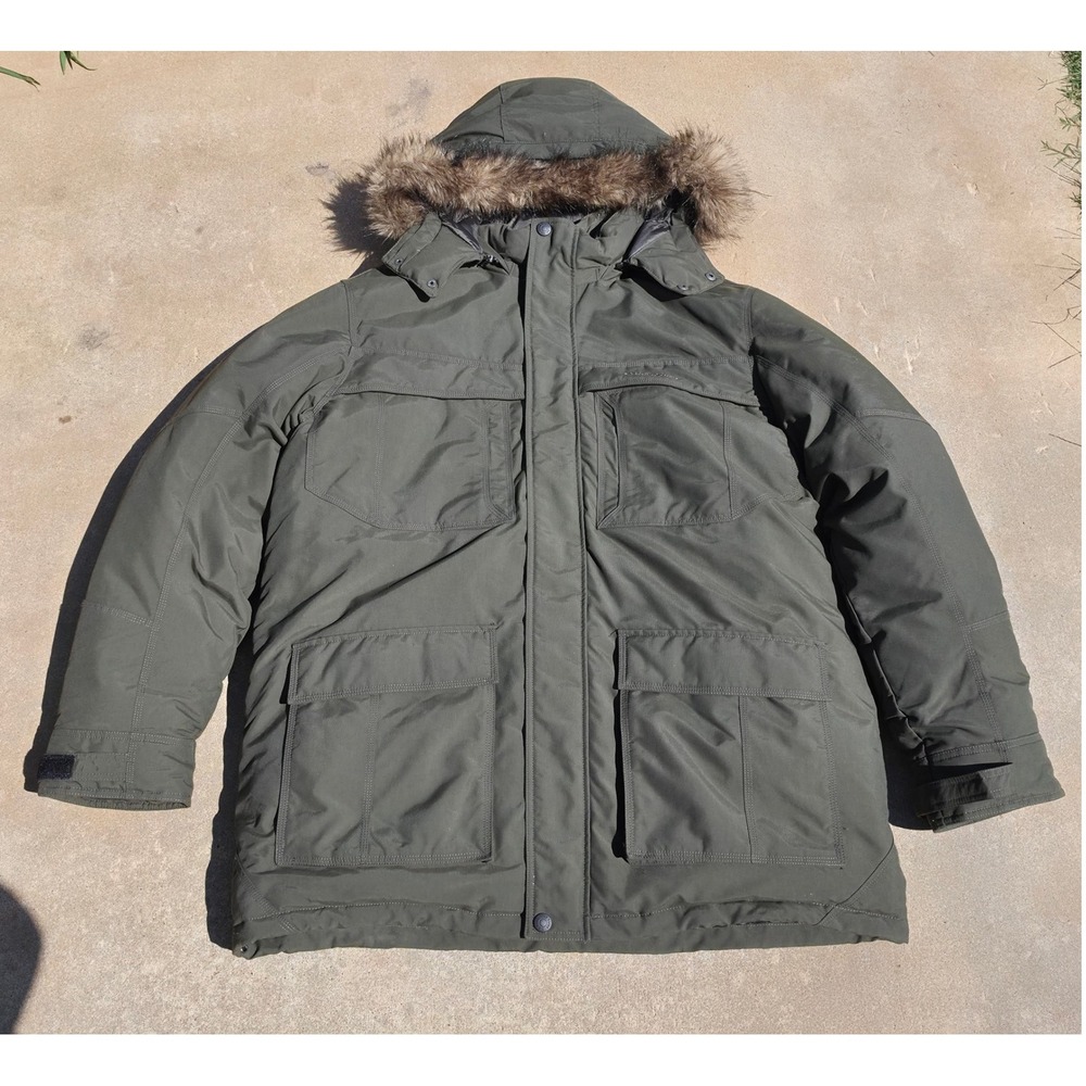 Eddie Bauer Goose Down Parka Jacket Mens XL Green Faux Fur Hood Superior Heavy